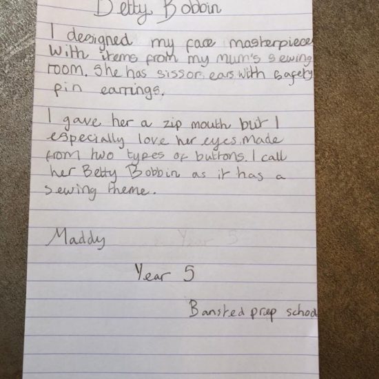 Maddy's writing of Betty Bobbin