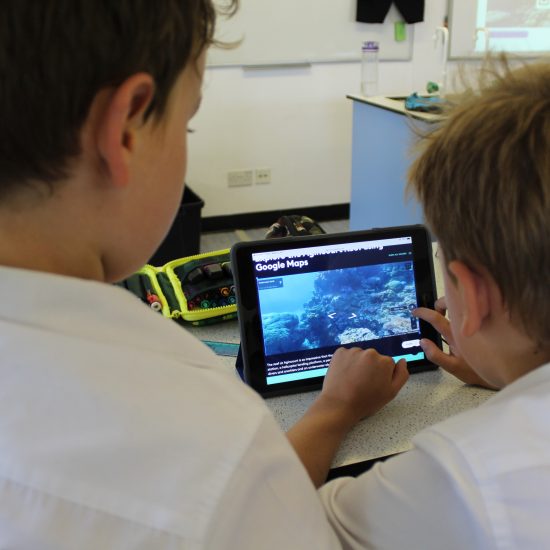 Children using a tablet in class whilst learning about marine life