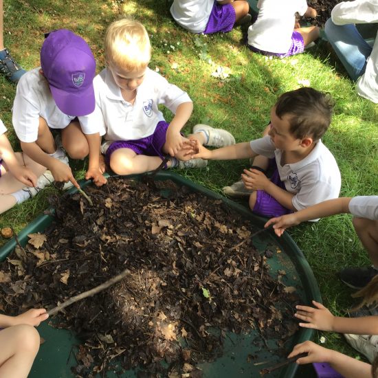 Children finding bugs in a pile of mud and leaves by using sticks