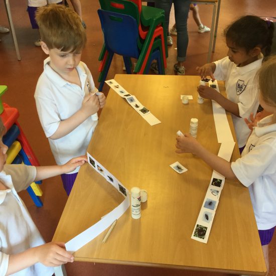 Children cutting and sticking pictures onto strips