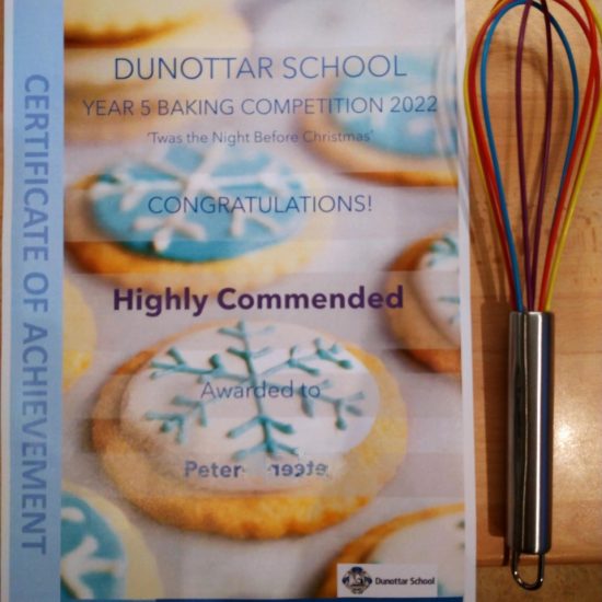 A highly commended bake off award achieved by a boy from a prep school in Surrey