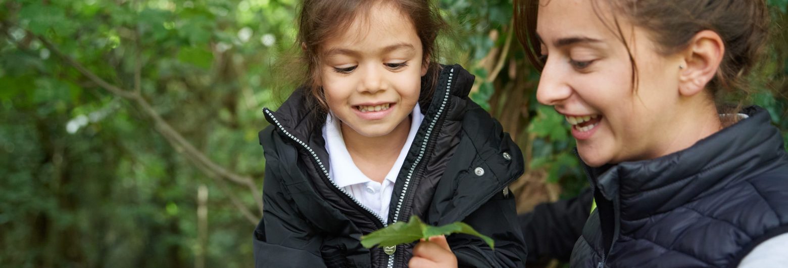 Child looking at a large leaf