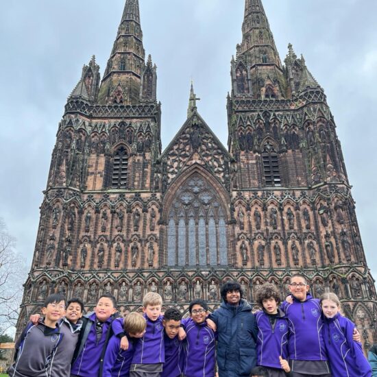sports students behind a cathedral